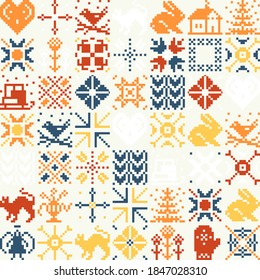 Embroidery ornament vector pattern design of ethnic and folk abstract shapes made with simple pixelated geometric forms and elements. Great for greeting cards, decorative prints, invitation letters.