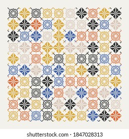 Embroidery ornament vector pattern design of ethnic and folk abstract shapes made with simple pixelated geometric forms and elements. Great for greeting cards, decorative prints, invitation letters.