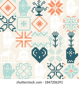 Embroidery ornament vector pattern design of ethnic and folk abstract shapes made with simple pixelated geometric forms and elements. Great for greeting cards, decorative prints, invitation letters.