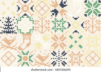 Embroidery ornament vector pattern design of ethnic and folk abstract shapes made with simple pixelated geometric forms and elements. Great for greeting cards, decorative prints, invitation letters.