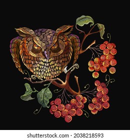 Embroidery, owl and red branches of mountain ash berry. Fashion template for clothes, t-shirt design. Autumn fairy tale art 