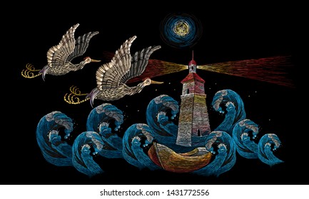 Embroidery pack of asian cranes flies over sea. Lighthouse in ocean. Japan art. Template for clothes, t-shirt design 