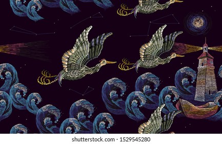 Embroidery pack of asian cranes flies over sea. Night stars,lighthouse and darkness ocean. Japan art. Template for clothes, t-shirt design. Oriental horizontal seamless pattern 