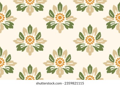 Embroidery of paisley flowers Ikat on a light yellow background. Traditional Ikat tribal pattern. Aztec abstract vector illustration. Seamless pattern in tribal, folk embroidery and Mexican style.