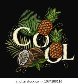 Embroidery palm tree leaves, pineapple, coconut tropical art. Cool slogan. Summer t-shirt design. Fashionable template for clothes 