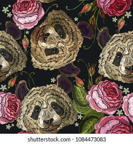 Embroidery panda   flowers seamless pattern  Fashion template for clothes  textiles  t  shirt design  Classical embroidery pattern portrait funny panda bear   roses flowers