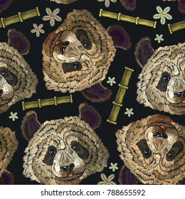 Embroidery panda head, bamboo forest and flowers seamless pattern. Classical embroidery portrait of funny panda bear pattern. Fashion template for clothes, textiles, t-shirt design