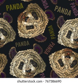 Embroidery panda head seamless pattern. Fashion template for clothes, textiles, t-shirt design. Classical embroidery portrait of funny panda bear pattern