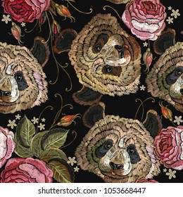 Embroidery panda and roses flowers seamless pattern. Fashion template for clothes, textiles, t-shirt design. Classical embroidery portrait of funny panda bear and spring flowers pattern