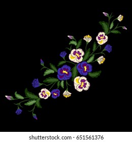 Embroidery pansies bouquet, floral pattern . Vector traditional folk ornament with flowers on black background for clothes design.