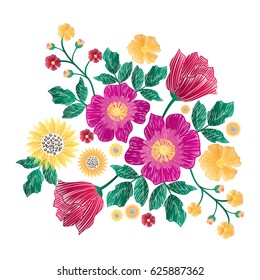 Embroidery patch flowers isolated on white background.For web site,print,t-shirt,cover,apparel and wallpaper.Decor for fashion clothes,modern style