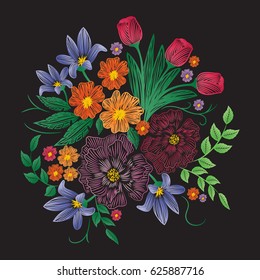 Embroidery patch flowers isolated on black background.For web site,print,t-shirt,cover,apparel and wallpaper.Decor for fashion clothes,modern style