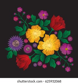 Embroidery patch flowers isolated on black background.For web site,print,t-shirt,cover,apparel and wallpaper.Decor for fashion clothes,modern style