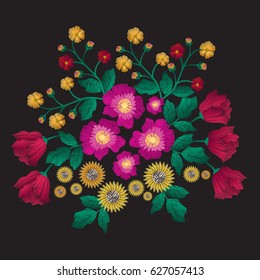 Embroidery patch flowers isolated on black background.For web site,print,t-shirt,cover,apparel and wallpaper.Decor for fashion clothes,modern style