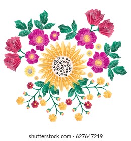 Embroidery patch flowers isolated on white background. 