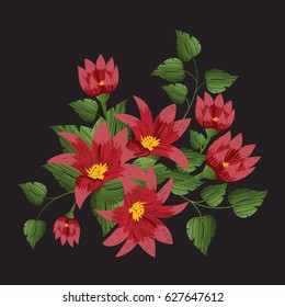 Embroidery patch flowers isolated on black background.For web site,print,t-shirt,cover,apparel and wallpaper.Decor for fashion clothes,modern style