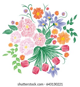 Embroidery patch flowers isolated on white background.For web site,print,t-shirt,cover,apparel and wallpaper.Decor for fashion clothes,modern style