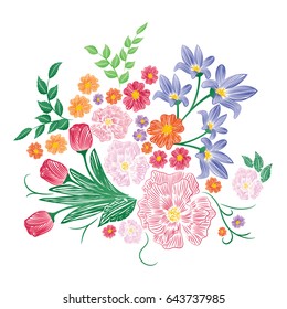 Embroidery patch flowers isolated on white background.For web site, print,t-shirt, cover,apparel and wallpaper. Decor for fashion clothes ,modern style
