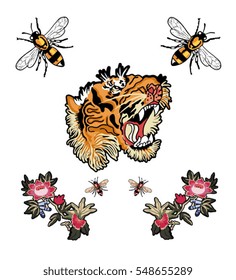 bordado remendo flores tigre abelha ilustração