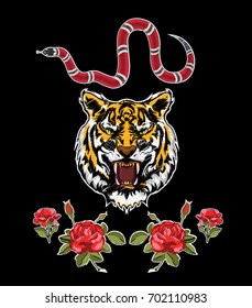 embroidery patch flowers tiger and snake illustration