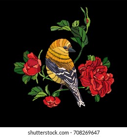 Embroidery patch in Japanese style. Embroidered bird with roses. Can be used for clothes, textiles or patches.