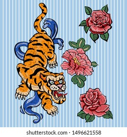 Embroidery patch with oriental tigers and flowers. Vector embroidered floral motif.