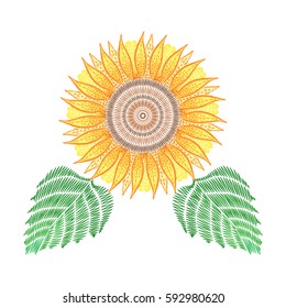 Embroidery patch with sunflower. Vector fashion embroidered floral ornament, fancywork pattern for textile, fabric traditional folk decoration