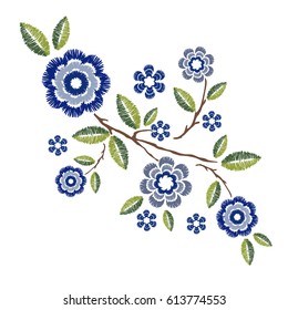 Embroidery patch vintage flowers isolated on white background.Pattern of peonies.Ethnic neckline flower,fashion wearing.For clothes,print,t-shirt,apparel and web site