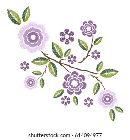 Embroidery patch vintage flowers isolated on white background.Pattern of peonies.Ethnic neckline flower,fashion wearing.For clothes,print,t-shirt,apparel and web site