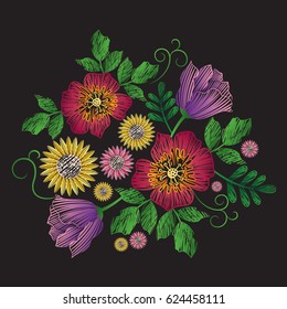 Embroidery patch vintage flowers isolated on black background.Pattern of peonies.Ethnic neckline flower,modern wearing.For web site,clothes,print,t-shirt,apparel and wallpaper