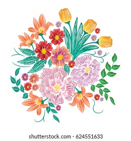 Embroidery patch vintage flowers isolated on white background.Pattern of peonies.Ethnic neckline flower,modern wearing.For web site,clothes,print,t-shirt,apparel and wallpaper