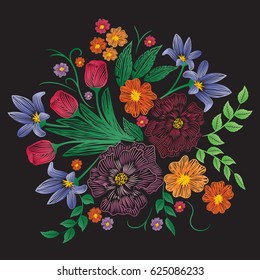 Embroidery patch vintage flowers isolated on black background.Pattern of peonies.Ethnic neckline flower,modern wearing.For web site,clothes,print,t-shirt,apparel and wallpaper