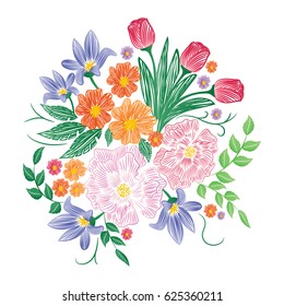 Embroidery patch vintage flowers isolated on white background.Pattern of peonies.Ethnic neckline flower,modern wearing.For web site,clothes,print,t-shirt,apparel and wallpaper