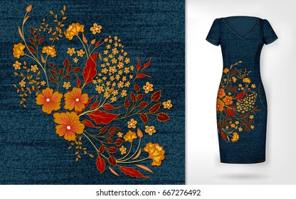 Embroidery Patch Vintage Flowers. Show Embroidery On Denim And Dress Mockup. Vector