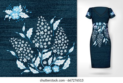 Embroidery Patch Vintage Flowers. Show Embroidery On Denim And Dress Mockup. Vector