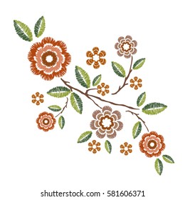 Embroidery patch vintage flowers,vector illustration background.Seamless pattern of peonies,isolated on white.Ethnic neckline flower,fashion wearing.For clothes,print,t-shirt,apparel and web site
