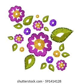 Embroidery patch vintage flowers,vector illustration background.Pattern of peonies,isolated on white.Ethnic neckline flower,fashion wearing.For clothes,print,t-shirt,apparel and web site