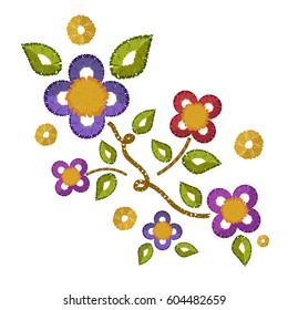 Embroidery patch vintage flowers,vector illustration background.Pattern of peonies,isolated on white.Ethnic neckline flower,fashion wearing.For clothes,print,t-shirt,apparel and web site