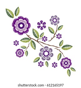 Embroidery patch vintage flowers,vector illustration background.Pattern of peonies,isolated on white.Ethnic neckline flower,fashion wearing.For clothes,print,t-shirt,apparel and web site