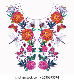 Embroidery patches flowers and insects neck t-shirt design. Fashion patches with summer floral wild nature illustration embroideries. Trendy traditional textile art on white background.
