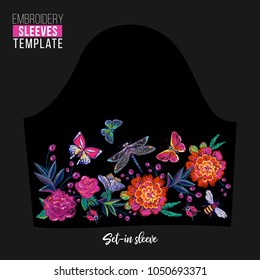 Embroidery patches flowers and insects set-in sleeve t-shirt design. Fashion patches with summer floral wild nature illustration embroideries. Trendy traditional textile art on black background.