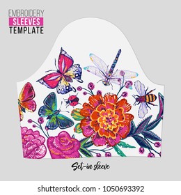Embroidery patches flowers and insects set-in sleeve t-shirt design. Fashion patches with summer floral wild nature illustration embroideries. Trendy traditional textile art on white background.