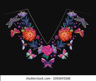 Embroidery patches flowers and insects v-neck t-shirt design. Fashion patches with summer floral wild nature illustration embroideries. Trendy traditional textile art on black background.