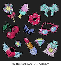 Embroidery patches. Girls patch, silk stitch love fashion stickers for clothes. Pink lips, heart and diamond badges. Cool 80s design nowaday vector elements