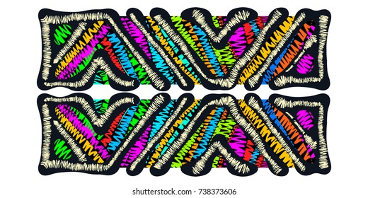 Embroidery patches.Trendy colored stripes epaulettes.Handmade ethnic decorative tribal motifs. Incrustation in the bohemian style. Vector illustration.