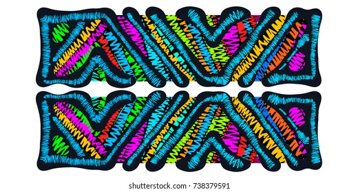 Embroidery patches.Trendy colored stripes epaulettes.Handmade ethnic decorative tribal motifs. Incrustation in the bohemian style. Vector illustration.