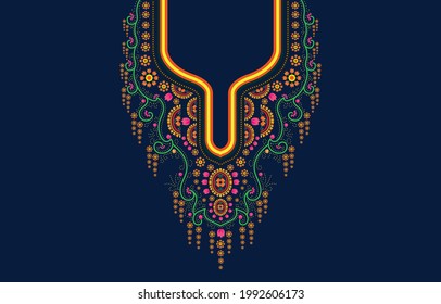 Embroidery pattern with beautiful colorful Geometric Ethnic oriental for neckline.Floral necklace embroidery design for fashion women