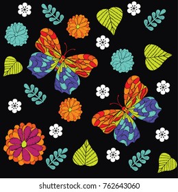 Embroidery pattern with beautiful flowers and butterfly. Vector floral ornament on black background. Embroidery for fashion textile and fabric. 