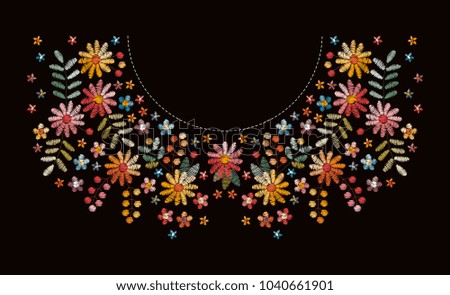 Embroidery pattern with beautiful flowers for neckline. Floral design for fashion blouses and t-shirts. Ethnic embroidered ornament. Vector illustration. 
