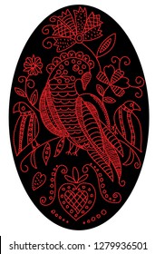 Embroidery pattern with birds and flowers in folk style in oval shape.
